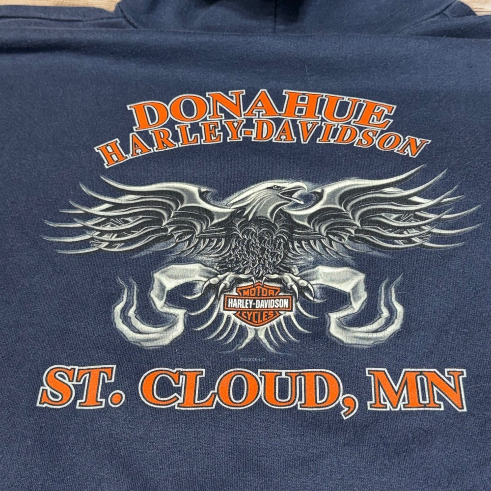 Harley-Davidson Hoodie Mens XL Navy Blue Donahue St. Cloud MN Eagle Graphic 2004